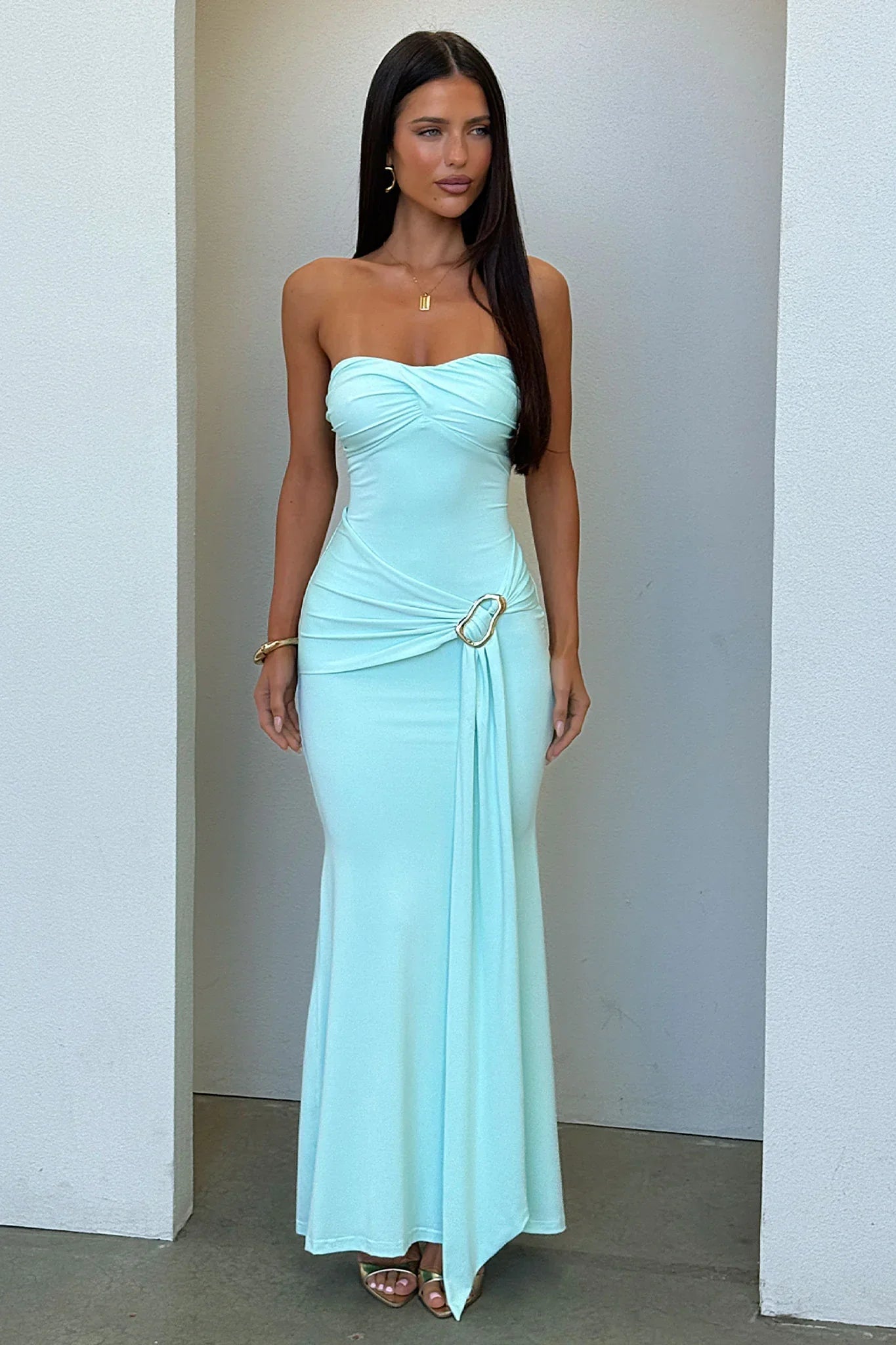 Monique Strapless Wrap Maxi Dress - Aqua